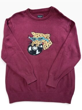 Barney Cools DJ Cat Heavy Embroidered Cotton Knit Sweater Burgundy XL Grail